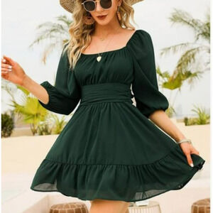 Exlura Women’s Green Chiffon Mini Dress XL Square Neck Ruffle Lantern Sleeve